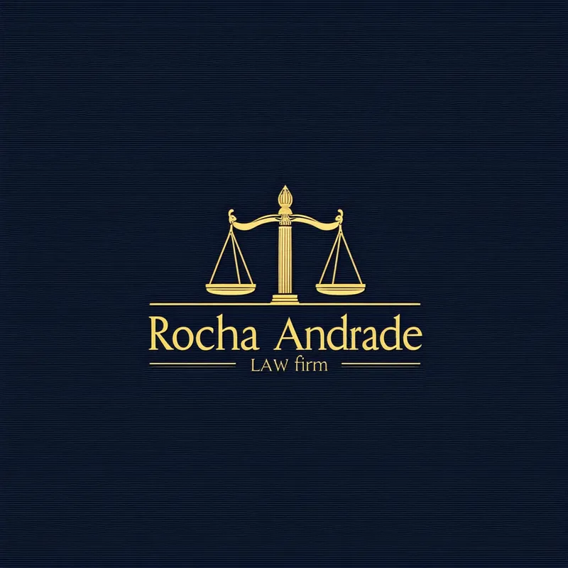 Rocha Andrade Law Firm Logo - A sleek and professional logo for Rocha Andrade law firm. The design should feature elegant typography with the firm's name, and incorporate elements that represent justice and law, such as scales, a gavel, or a courthouse. The color palette should include navy blue, gold, and white to convey trust, tradition, and excellence.
