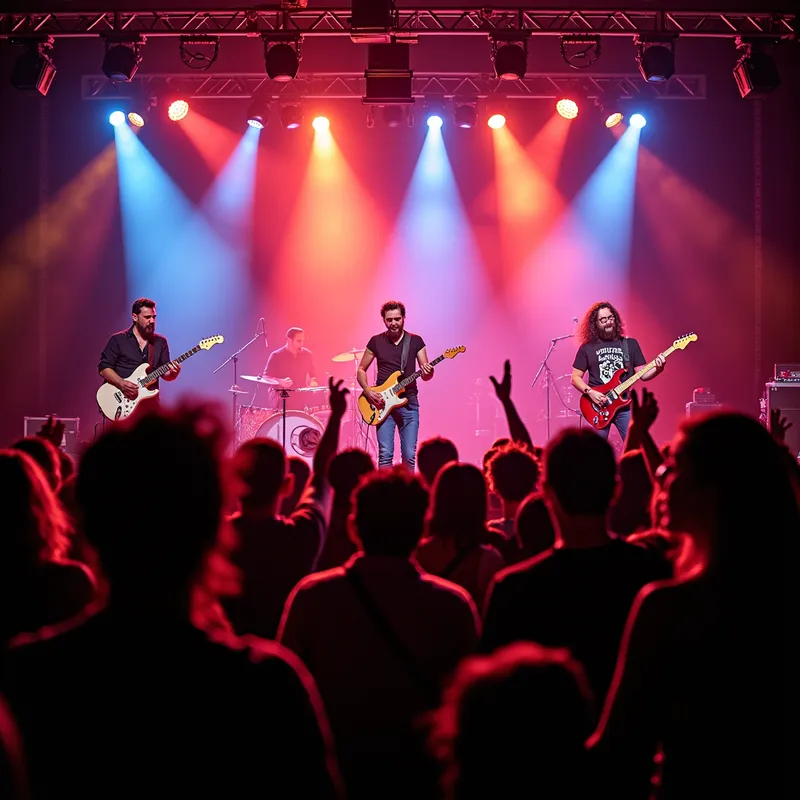 Rock Concert Energy - A high-energy rock concert with a band playing on a stage in front of a lively crowd, with electric guitars, drums, and vibrant lights adding to the excitement. - AI image generated with Photorealistic 2