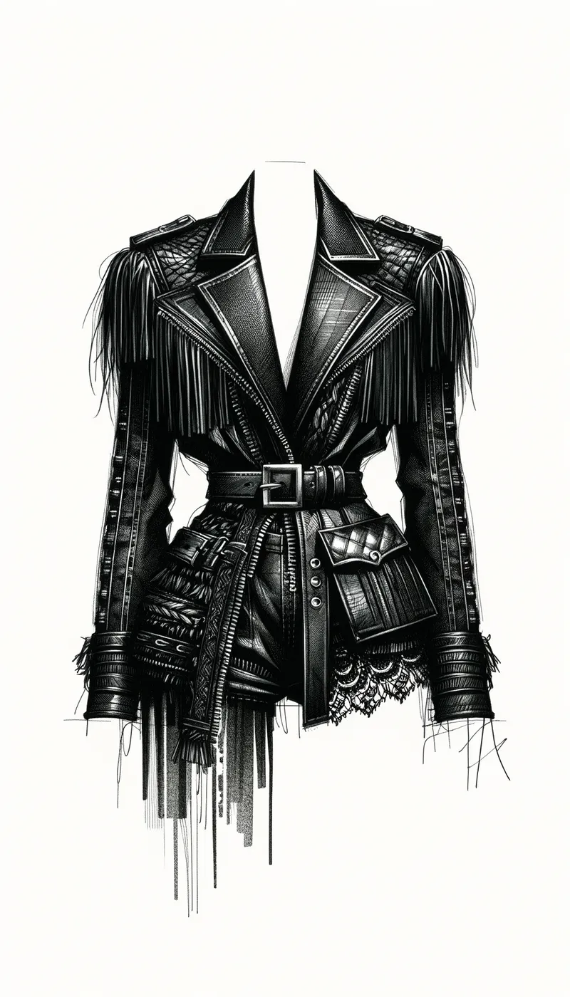 Rock Cowboy Elegance - "Illustration of a fashion sketch with a drawing texture, representing a sophisticated and striking all-black look. The piece combines elements of cowboy style with a strong rock influence, bringing attitude and personality. The design features structured details, leather-like fabrics, fringes or metals, and an intense and bold touch. The aesthetic of the sketch reflects a strong and authentic identity." - AI image generated with Art