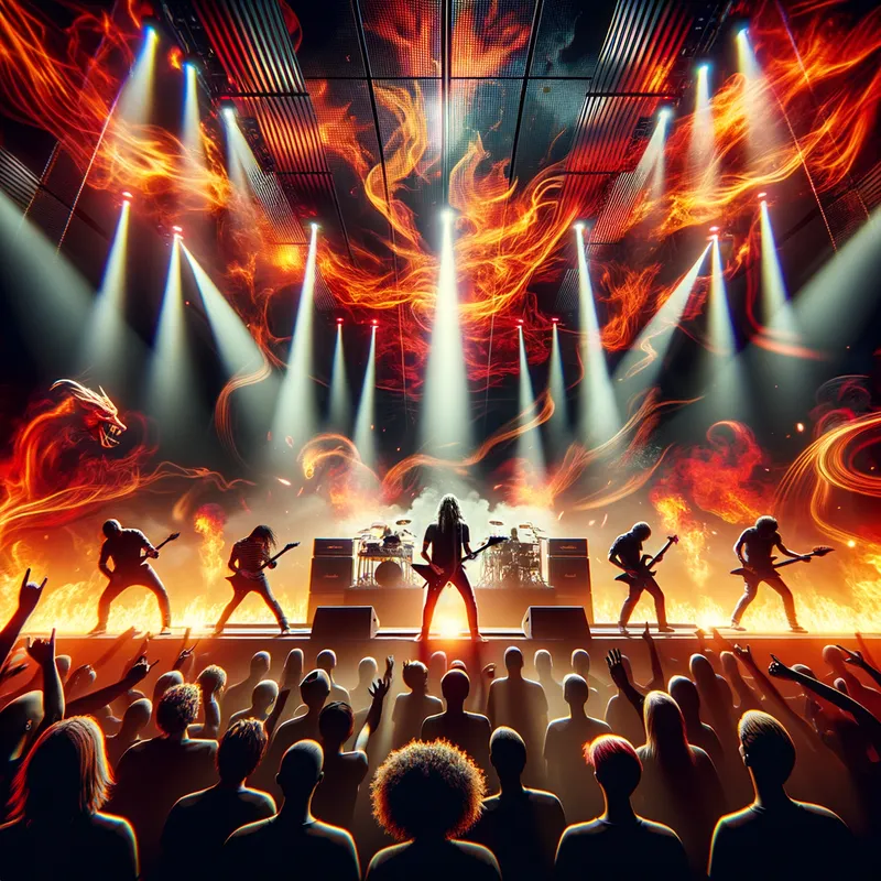 Rock and Roll Firestorm - Stage Fright, a rock band, captivating the audience with powerful riffs, under a canopy of flaming colors - blacks deepening the red and orange lights that dance across the stage. - AI image generated with Art