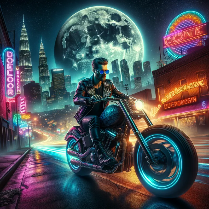 Rockstar Motorbike - A cool rockstar riding a custom motorcycle through a night cityscape, with neon lights and a full moon providing a dramatic backdrop. - AI image generated with Art - high dynamic range, dark tones