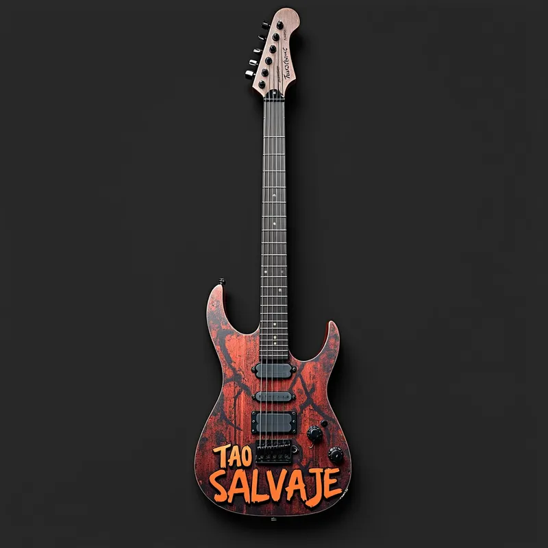 Rockstar's Dream - An edgy, sleek electric guitar featuring the bold text 'TAO SALVAJE' prominently on its body. - AI image generated with Text