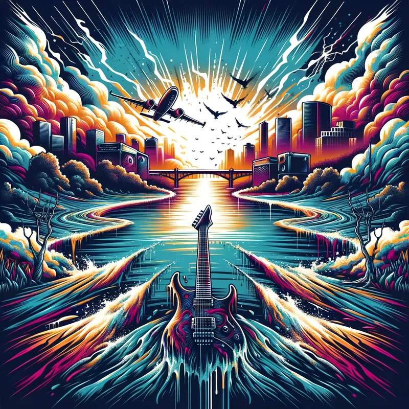 Roctober Fest Mississippi River - A vivid and edgy artwork for Roctober Fest on the River. It showcases the Mississippi River flowing seamlessly through the Louisiana swamps, leading towards the cityscape of New Orleans. The design incorporates elements of heavy metal music with intense colors and dynamic shapes. - AI image generated with Art