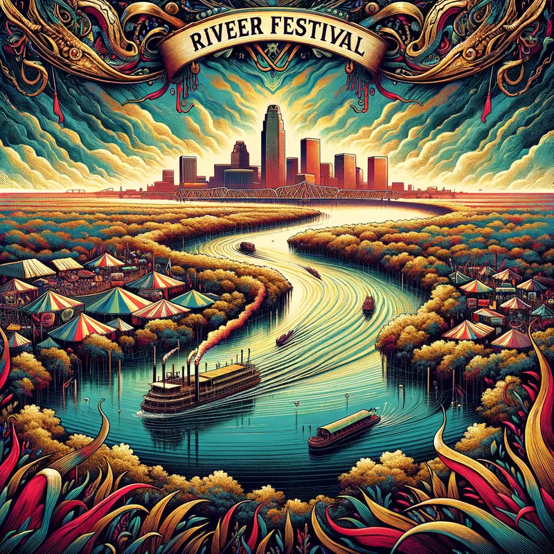 Roctober Fest Swamp Scene - An artistic illustration depicting the Roctober Fest on the River. The Mississippi River flows through a lush, swampy landscape in Louisiana, with the New Orleans skyline in the view. The scene is vibrant, flashy, and features elements of heavy metal culture. - AI image generated with Art