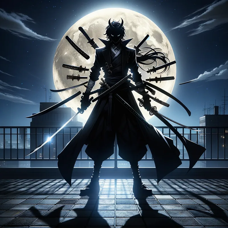 Rogue Assassin - A shadowy anime villain equipped with multiple weapons, cloaked in dark attire, crouching on a rooftop under the moonlight, ready to strike. - AI image generated with Art