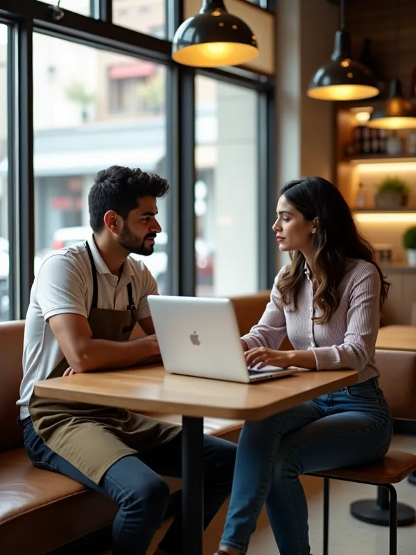 Rohan & Aanya's Tech Chat - Rohan: A young Indian man in his early 30s, wearing a casual restaurant uniform (like a polo + apron), often stressed or overwhelmed
Aanya: A confident Indian woman in her late 20s, casual-smart attire (e.g., blouse + jeans), holding a laptop or phone, relaxed and tech-savvy
"Rohan sitting at a coffee shop table, talking to Aanya — a confident Indian woman in her late 20s, wearing smart casual clothes, showing something on her laptop with a friendly expression. Rohan looks curious but unsure." - AI image generated with Photorealistic 2