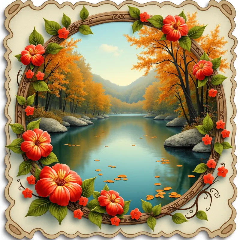 Romantic Autumn Postcard - A charming illustration of an autumn lake, embraced by autumnal flowers, presented on a vintage Victorian greeting card. The card's scalloped edges and decorative holes highlight its nostalgic aesthetic, with soft lighting enhancing the romantic mood of the scene. - AI image generated with Photorealistic 2