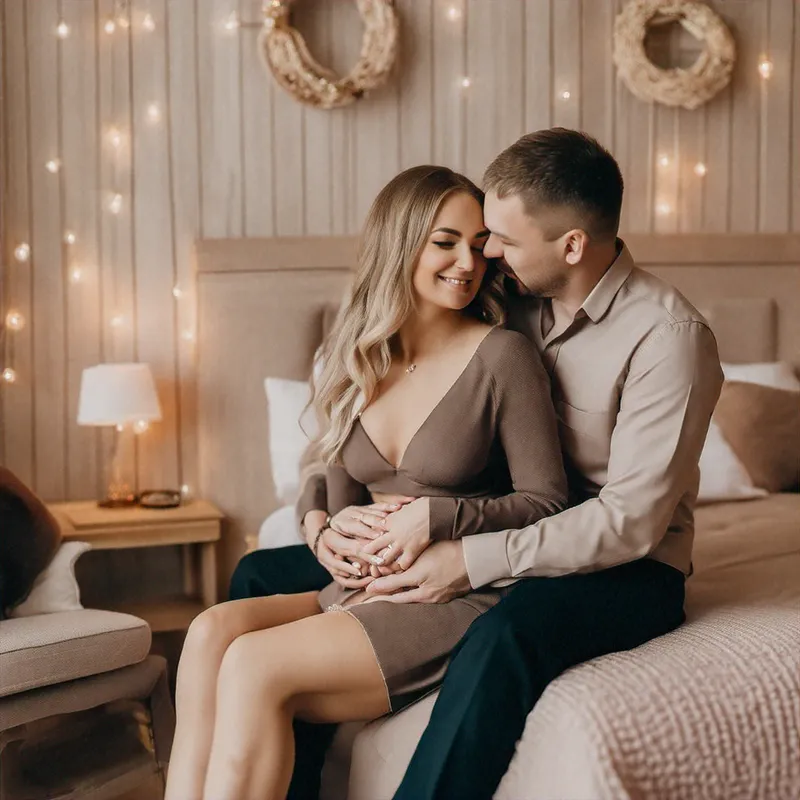 Romantic Couple in Cozy Private Room - A beautiful and adorable romantic couple in a private room. The wife sits on the husband's lap with both her legs around his abdomen and both her hands around his neck, looking at each other face-to-face. The wife is wearing a gorgeous, comfy and elegant dress, and the husband is dressed in a nice, comfy attire. The room is cozy and warmly lit, with elegant decor to enhance the romantic atmosphere. - AI image generated with Titan 2 - ghibli