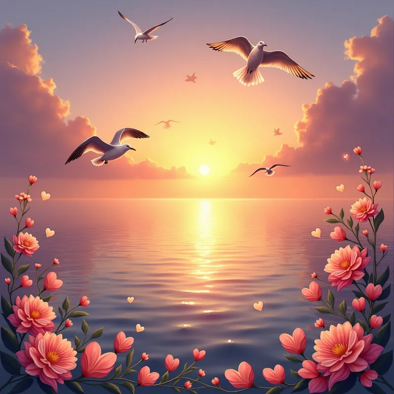 Romantic Horizon - A breathtaking sunset scene over the calm ocean, with colors transitioning from warm yellows to soft purples. A few seagulls elegantly hover above. Hearts and flowers subtly embedded in the design add an enchanting romantic touch. - AI image generated with Photorealistic 2
