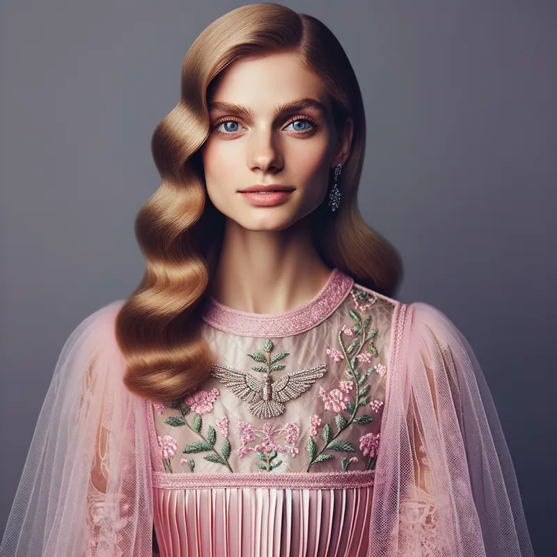 Romantic Radiance - Mirabelle, a vision of beauty with her deep blue eyes and blonde straight, long hair cascading down, wears a soft pink satin top with a sweetheart neckline and pink off-shoulder straps. Paired with it is a light pink mini pleated skirt of delicate organza fabric, layered over a micro length tube skirt beneath. Her look is accentuated with shimmering long silver earrings, and light pink satin open-toe, lace-up platform heels with satin ribbons running from under her knees to her heels. - AI image generated with Art