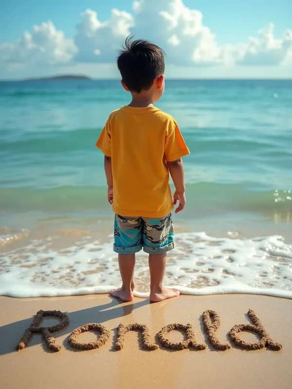 Ronald by the Seaside - A young Filipino boy named Ronald standing by the seaside, looking at the ocean with his name 'Ronald' written in the sand beside him. - AI image generated with Text - photorealistic