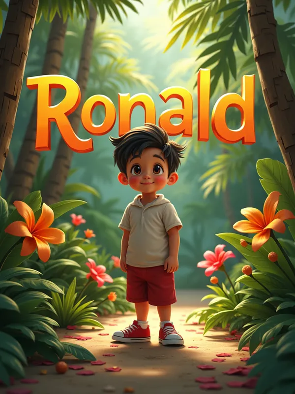 Ronald in the Tropics - A scene featuring a young Filipino boy named Ronald, standing in a tropical setting with vibrant foliage and flowers, with the name 'Ronald' integrated into the natural elements. - AI image generated with Text - photorealistic