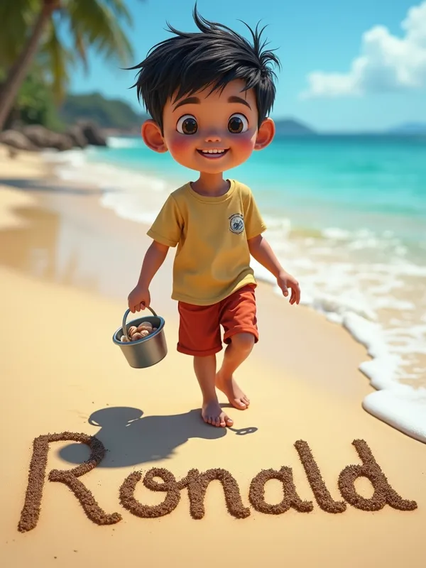 Ronald's Adventures - A picture of Ronald, a 9-year-old Filipino boy, with his characteristic cheerful expression, walking along a beach with the ocean in the background. He wears casual summer clothes and carries a small bucket with seashells. The words 'Ronald' appear artistically drawn in the sand beside him. - AI image generated with Text - photorealistic, fantasy art