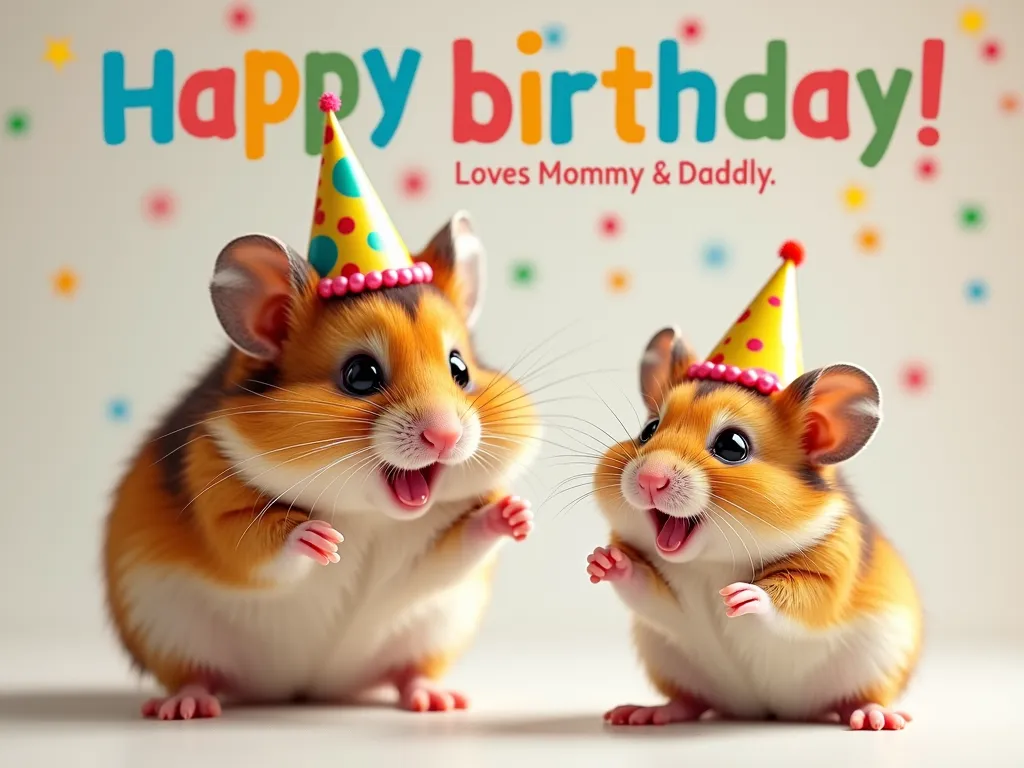 Ronald's Birthday Bash - Adorable father and son hamsters are at a birthday party. The young hamster, Ronald, shows sheer excitement with a little party hat on his head. The backdrop contains colorful text declaring 'Happy Birthday Ronald, Love Mommy & Daddy'. - AI image generated with Photorealistic 2