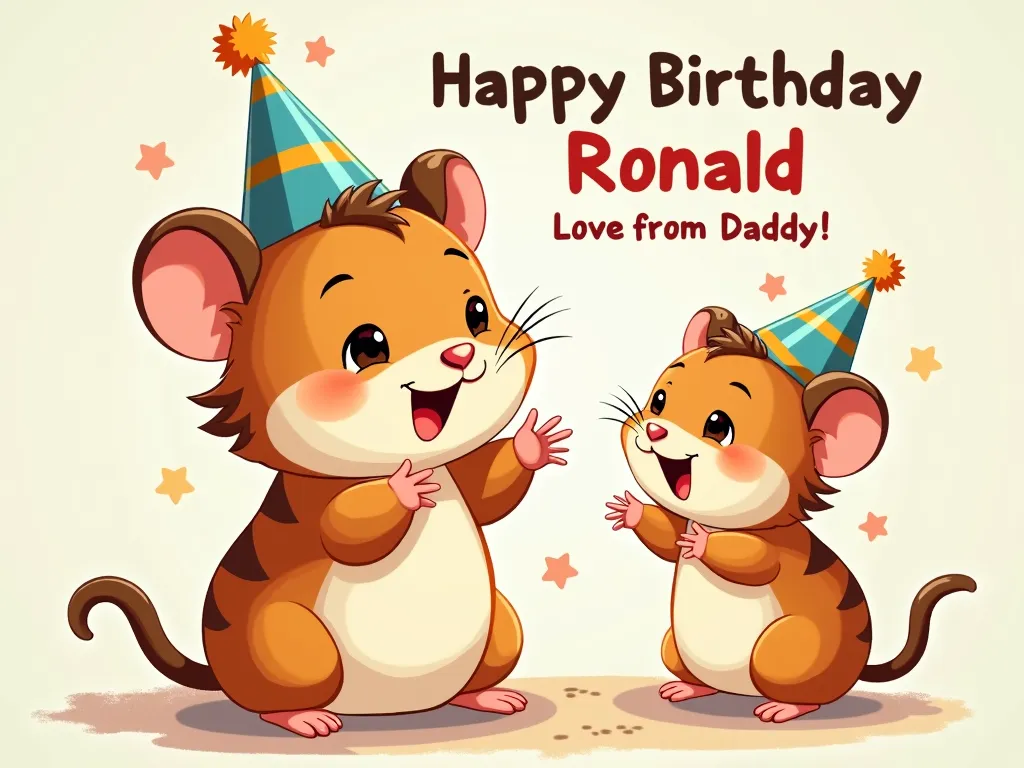 Ronald's Birthday Party - An adorable illustration of a father hamster and his young son enjoying a birthday party. The young hamster is energetically excited with a little party hat on, and vibrant text in the background reads 'Happy Birthday Ronald. Love from Daddy'. - AI image generated with Photorealistic 2