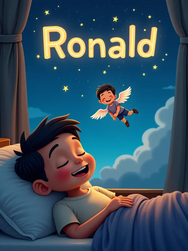 Ronald's Dream - A scene depicting Ronald, a young 9-year-old Filipino boy, asleep in his cozy bedroom, dreaming of flying among the stars. In his dream bubble, he is smiling widely while soaring with wings. The name 'Ronald' is illuminated in the stars above him. - AI image generated with Text - photorealistic, fantasy art