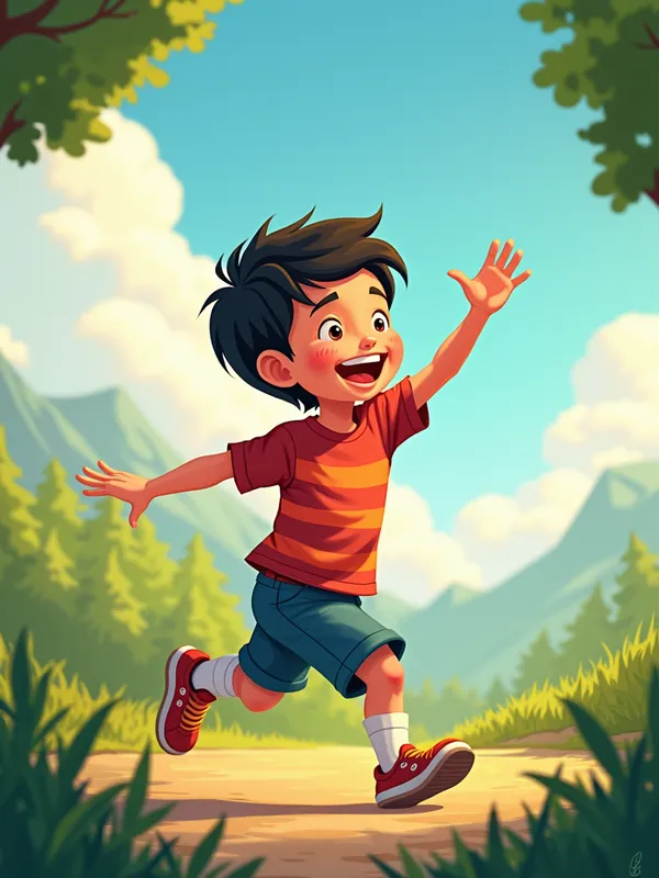 Ronald's Joyful Day - Illustration of a young Filipino boy named Ronald playing joyfully outdoors, with animated text 'Ronald' overlaying the image in a playful and bright font. - AI image generated with Text - photorealistic