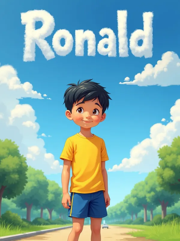 Ronald's Joyful Moment - A young Filipino 9-year-old boy named Ronald, with short black hair and a big smile, standing outside in a sunny park. He is wearing a bright yellow T-shirt and blue shorts. Above him, in the sky, the name 'Ronald' is written in playful, cloud-shaped letters. - AI image generated with Text - photorealistic, fantasy art