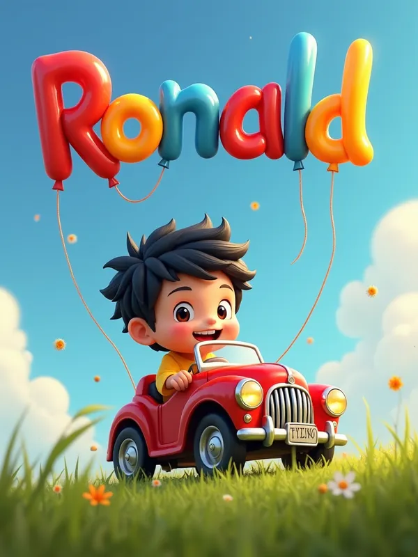 Ronald's Playtime - A young Filipino boy, around 9 years old, named Ronald, happily playing with a toy car on a grassy field. He has a mischievous grin, dark eyes, and shaggy black hair. His name, 'Ronald,' is creatively spelled out with colorful balloons floating above him. - AI image generated with Text - photorealistic, fantasy art