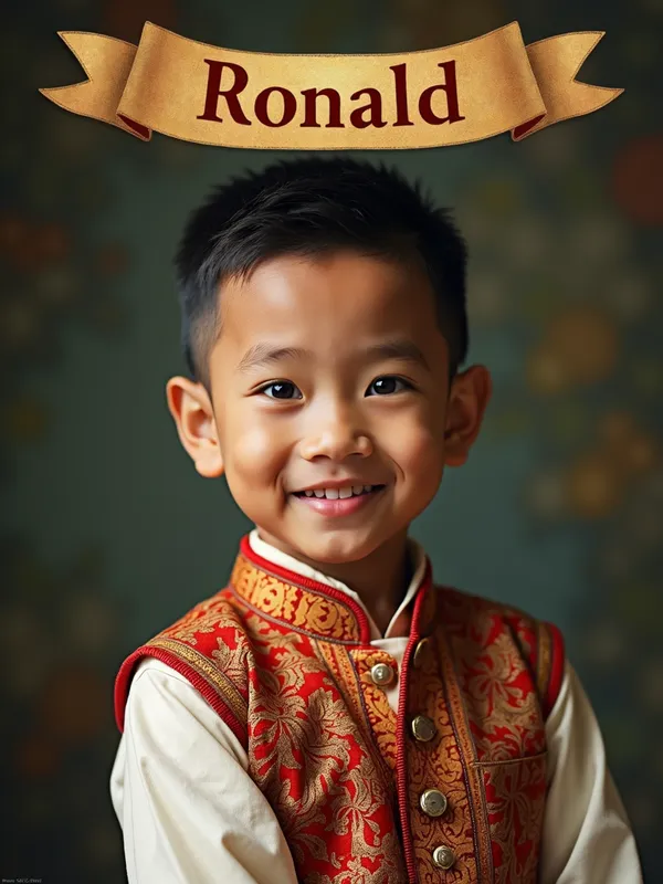 Ronald's Traditional Outfit - A young Filipino boy named Ronald dressed in traditional Filipino clothing, with his name 'Ronald' elegantly displayed in a banner above him. - AI image generated with Text - photorealistic