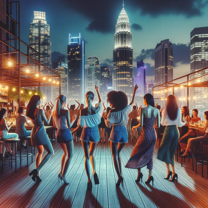 Rooftop Dance Party - Women dancing on a rooftop night club with a stunning city skyline in the background. The scene is lively, with string lights, a bar, and a dance floor filled with people. - AI image generated with Art