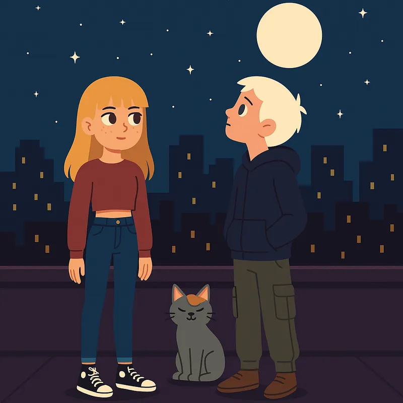 Rooftop Stargazers - A flat vector illustration of a night scene on a rooftop. A girl with blonde hair and bangs, brown eyes, and freckles stands near a boy with white hair, blue eyes, and clear skin. She wears skinny jeans, a cropped sweater, and Chuck Taylors, and is staring at the boy, while he, dressed in cargo pants and a hoodie, looks up at the moonlit starry sky. A gray cat with an orange spot on its head is sitting between them. The background includes a city skyline, and the view captures their entire bodies and significant portions of the rooftop. - AI image generated with GPT Image