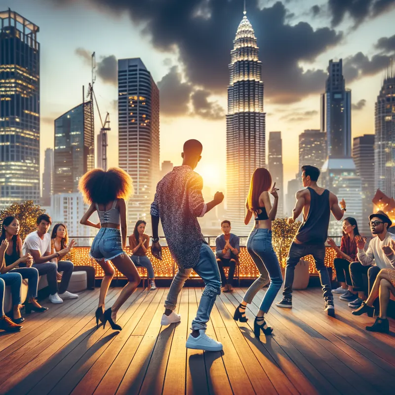 Rooftop Vibes - People having a rooftop party in the city, with a view of the skyline, hip hop music playing, and dancers showing off their moves. - AI image generated with Art