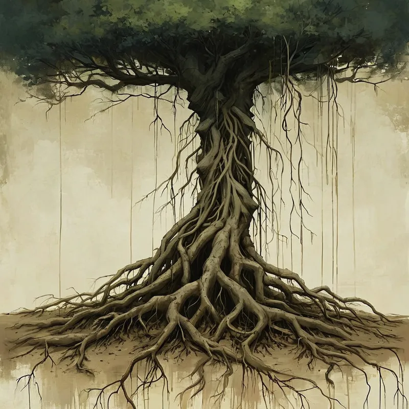 Rooted Body, Flourishing Crown - a human body is a tree stretching upward with deep roots, which is looked after, watered, and the crown is beautiful. Roots and hands like branches, extremely detailed, very attractive, matte background, Jean-Baptiste Monge, Jeremy Mann, surreal poetic style, Searching for non-obvious connections. - AI image generated with Nova Canvas