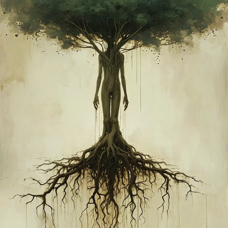 Rooted Body, Flourishing Crown - a human body is a tree stretching upward with deep roots, which is looked after, watered, and the crown is beautiful. Roots and hands like branches, extremely detailed, very attractive, matte background, Jean-Baptiste Monge, Jeremy Mann, surreal poetic style, Searching for non-obvious connections. - AI image generated with Nova Canvas