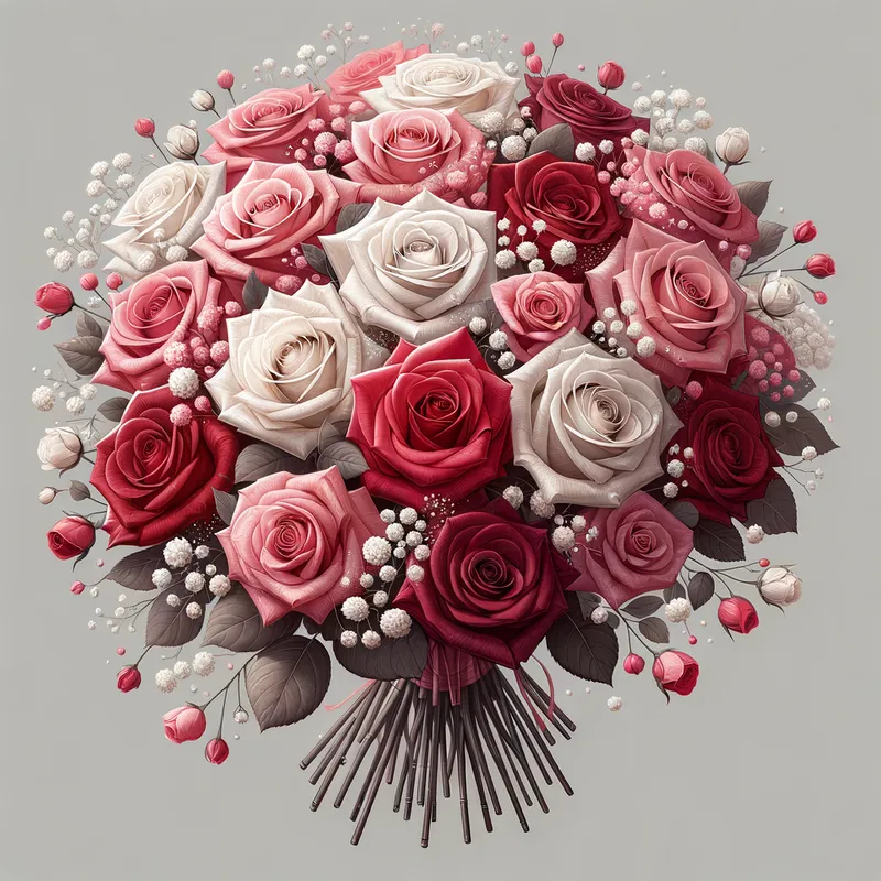 Rose Bouquet - A beautifully arranged bouquet of roses in multiple shades of red, pink, and white, adorned with delicate baby's breath. - AI image generated with Art