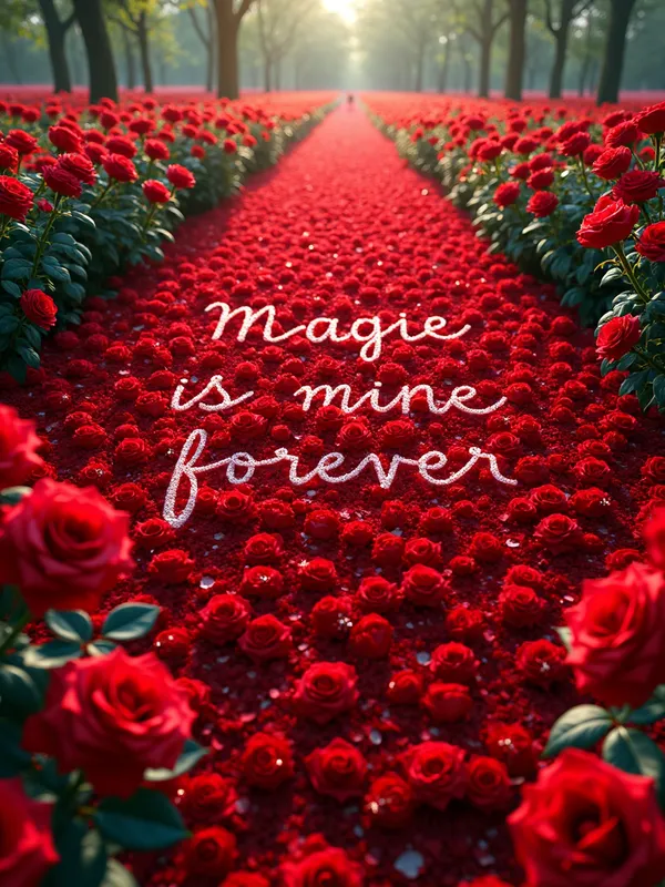 Rose Garden Enchantment - An enchanting world where vibrant red roses stretch out as far as the eye can see, merging with lush greenery. Amidst this captivating landscape, rose petals artfully form the words 'Magie is mine forever' in an elegant, flowing script. - AI image generated with Photorealistic 2