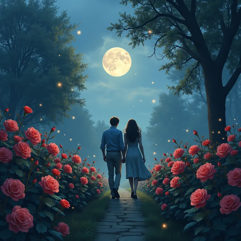Rose Garden Romance - A couple enjoys a peaceful walk, hand-in-hand, among blooming roses in a moonlit garden. The scene is bathed in soft, blue-gray light with gentle shadows. Fireflies add a touch of sparkle, while a full moon illuminates the surroundings through the trees. - AI image generated with Photorealistic 2 - picture of the day, photorealistic, surrealismus
