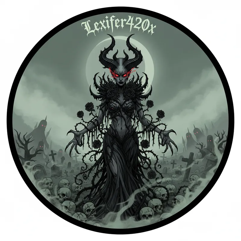 Rose-Thorned Demon Sticker - Illustration of a sinister female demon with jagged black horns, red glowing eyes, and sharp roses encircling her body. She stands in a graveyard filled with scattered skulls and ghostly evil entities lurking in the fog. The scene is framed by a vector-style circle with 'Lexiifer420x' text at the top. - AI image generated with Nano Banana