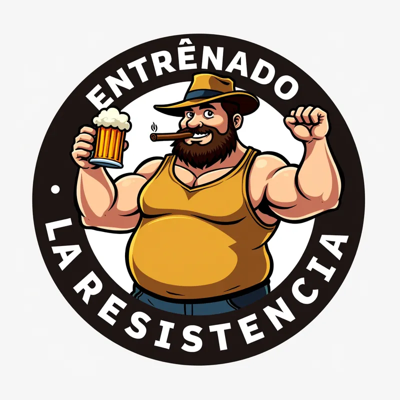 Round Caricature Logo - Design a round logo showcasing a cartoon caricature of a hefty man in a sleeveless shirt, holding up a beer mug, with a cigar in his mouth, and wearing a hat. The words 'ENTRENANDO' should be displayed above and 'LA RESISTENCIA' below the caricature. - AI image generated with Text