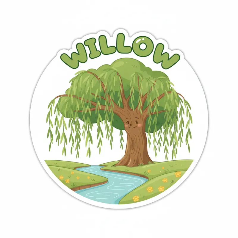 Round Cartoon Vinyl Sticker: Willow - generate into a cartoon round vinyl sticker with "willow" in green lettering over the top. - AI image generated with Nano Banana