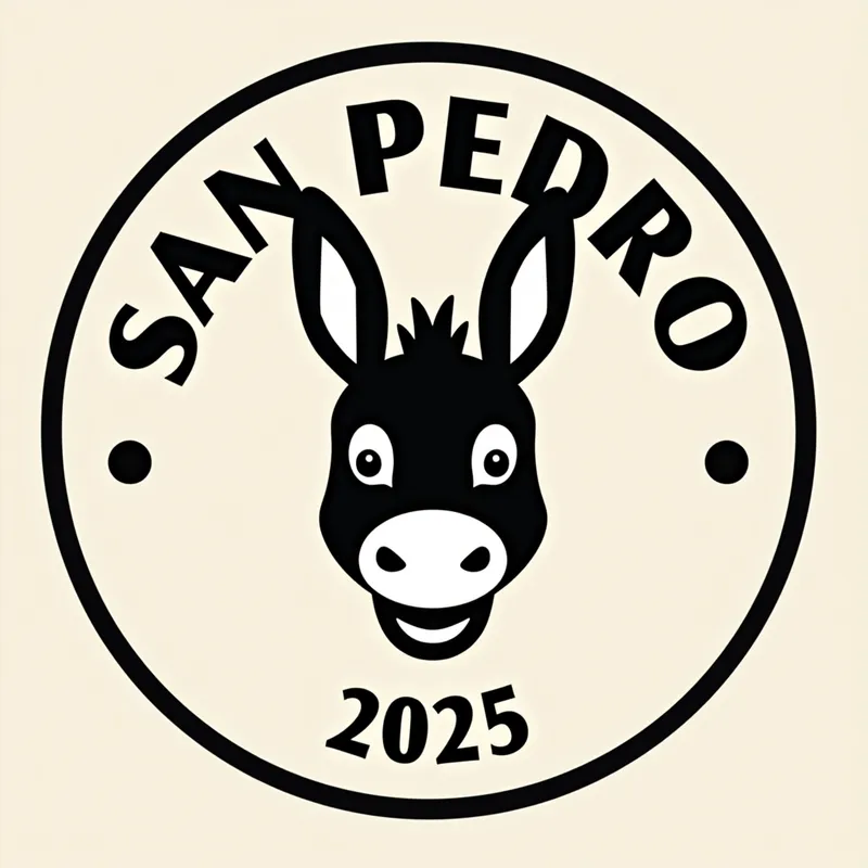 Round Donkey Head Logo - Circular logo design with a happy donkey's head in the center, the inscription 'SAN PEDRO' on top, and '2025' at the bottom. - AI image generated with Text