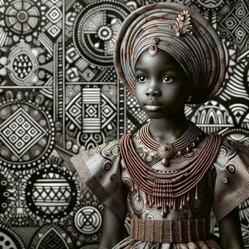 Royal Grace - A regal black girl dressed in a beautiful, intricate traditional African attire. She stands with poise against a background that features patterns and motifs inspired by African art and culture. - AI image generated with Art