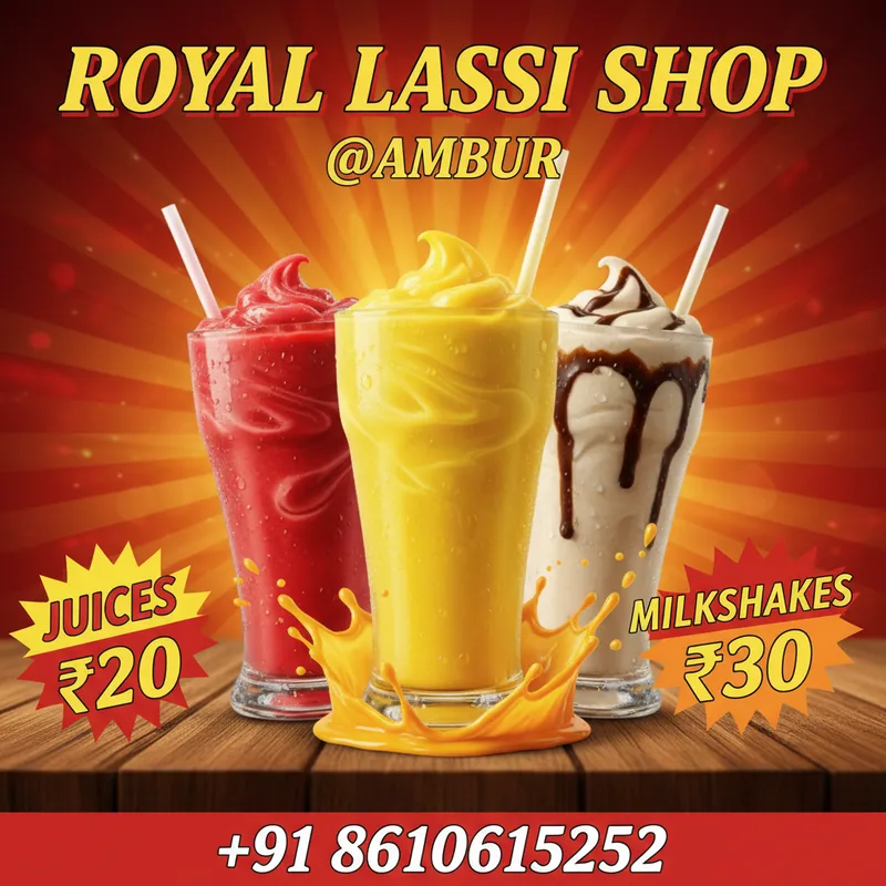 Royal Lassi Shop Promo 4 - Create a bold promotional image for 'ROYAL LASSI SHOP @AMBUR' using vivid colors like red, yellow, and orange. Advertise juices for 20 rupees and milkshakes for 30 rupees. Apply bold and italic fonts for the text, and ensure the mobile number +91 8610615252 is visible. The image should be perfect for use in reels and status updates. - AI image generated with Nano Banana - close-up macro photograph