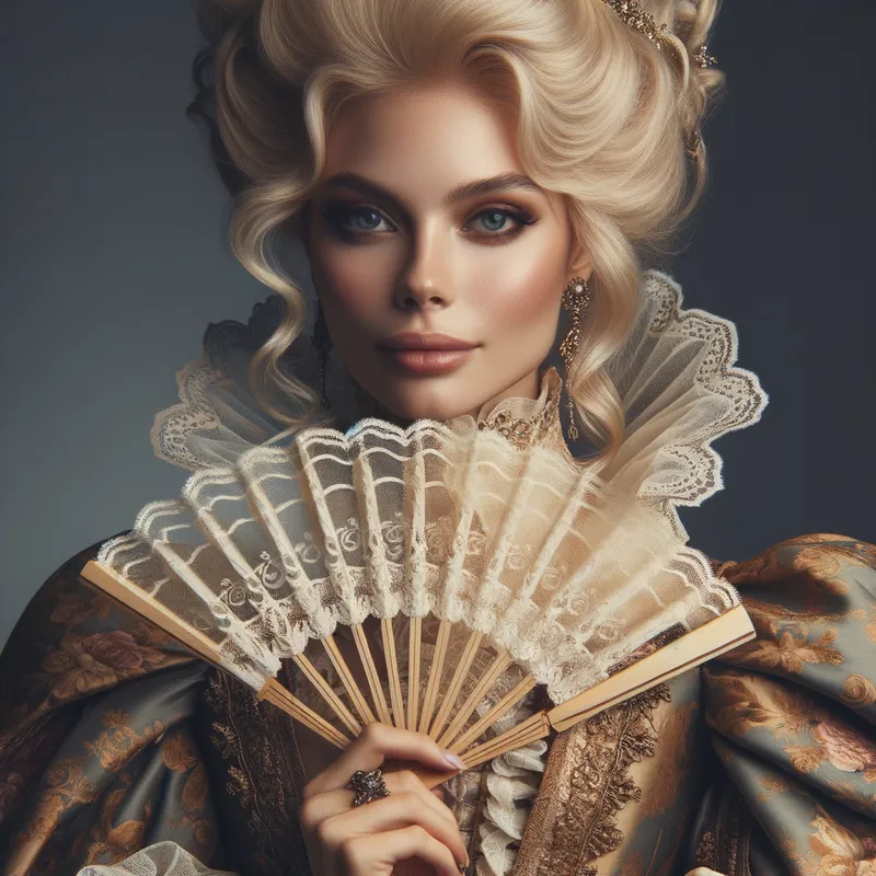 Royal Portrait - A majestic portrait of a blonde woman dressed in opulent Victorian attire, with a noble expression, holding a delicate fan. - AI image generated with Art