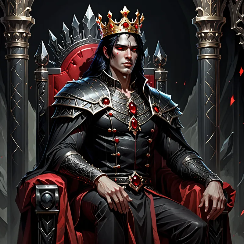 Ruby-Eyed Obsidian King (Profile) - a king with black hair and red eyes, sitting on a black throne and wearing a crown of obsidian with rubies. - AI image generated with Fictional - fantasy art, profile view