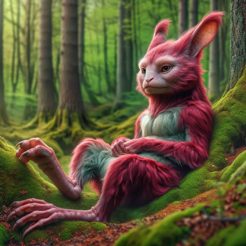Ruby Rabbit - A Pokemon that appears as a bipedal bunny with a vibrant, ruby-colored coat and tender eyes, nestled within the peaceful embrace of a forest - AI image generated with Art