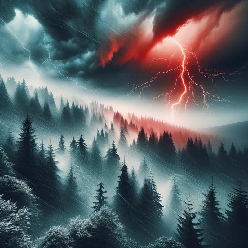 Ruby Thunder - An electrifying image of a forest landscape under siege by a fierce storm, with trees swaying violently beneath the striking red lightning. - AI image generated with Art