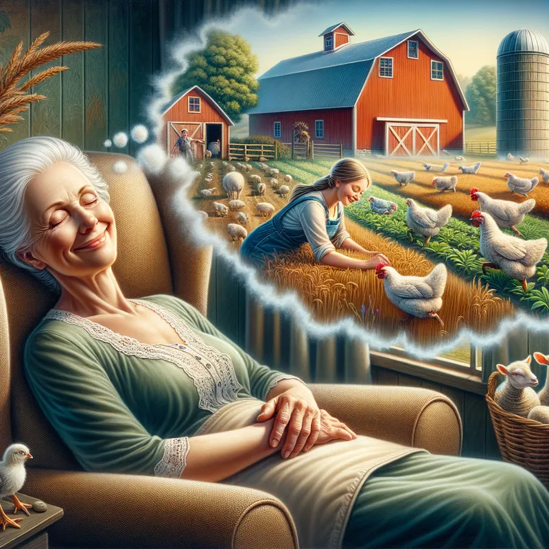 Rural Dreamer - An artistic depiction of an old woman reclining in her armchair with her eyes closed, dreaming of life on the farm. In her dream, she is depicted younger, immersed in the joy of farm chores like planting seeds, feeding chickens, sheep grazing nearby, and a picturesque red barn and silo completing the scenic background. Her face shows pure contentment as she dreams. - AI image generated with Art