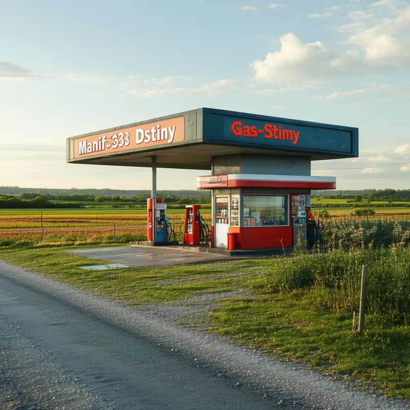 Rural Gas Station - A small, rural gas station situated on a quiet country road. The sign above the station reads 'Manif3st D3stiny' with 'Gas-Station' underneath, and the surrounding landscape is filled with fields and farmland. - fantasy art