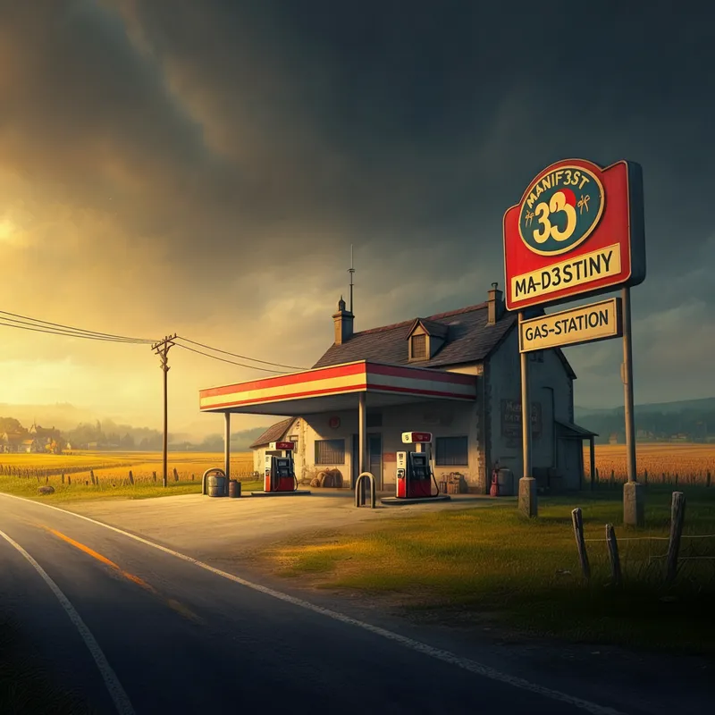 Rural Gas Station - A small, rural gas station situated on a quiet country road. The sign above the station reads 'Manif3st D3stiny' with 'Gas-Station' underneath, and the surrounding landscape is filled with fields and farmland. - AI image generated with Imagen 3 - fantasy art