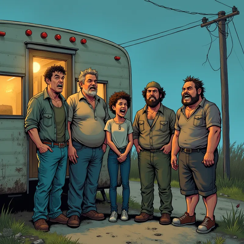 Rural Noir Ensemble - An ensemble of fictional rural outcast characters with exaggerated rustic traits, such as stocky builds, scruffy hair, and distinctive teeth, posed outside a weathered trailer park at dusk, illustrated in a darkly humorous graphic novel style. - AI image generated with Photorealistic 2