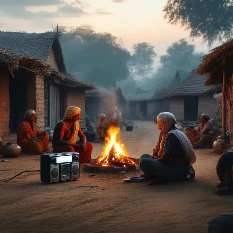 Rural Serenity at Dusk - An evocative scene of an old Indian rural village square during dusk. Villagers are seen sitting near a fire amidst traditional huts with dusty paths. A radio playing softly enhances the sense of calm and serenity. - photorealistic