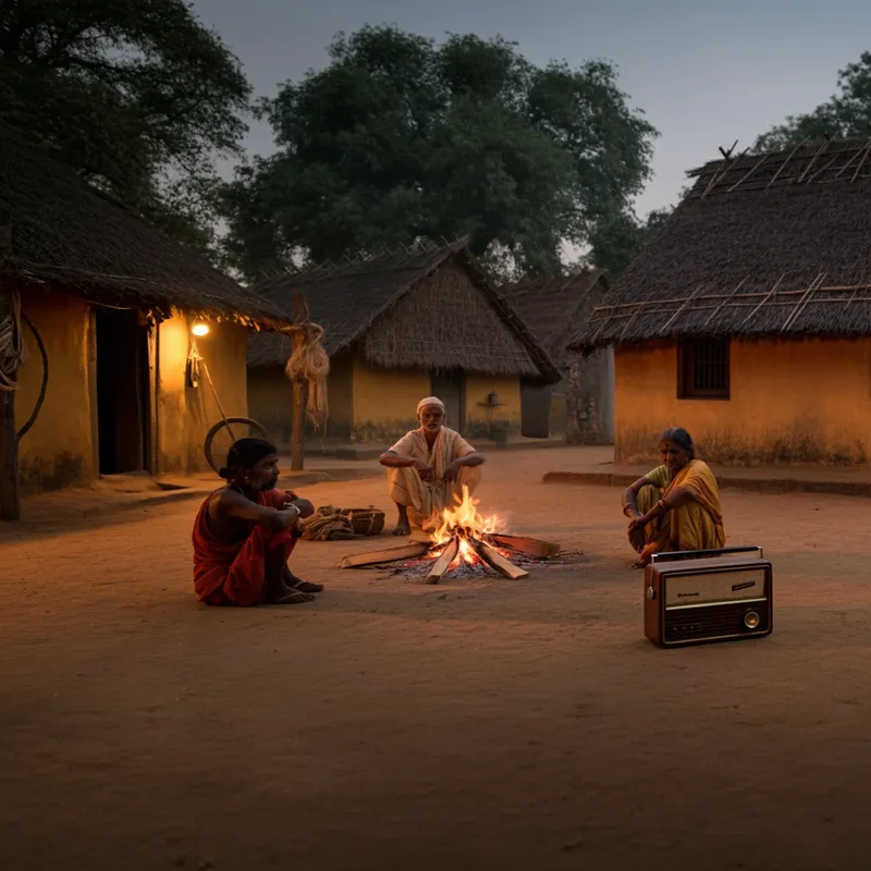 Rural Serenity at Dusk - An evocative scene of an old Indian rural village square during dusk. Villagers are seen sitting near a fire amidst traditional huts with dusty paths. A radio playing softly enhances the sense of calm and serenity. - AI image generated with Imagen 3 - photorealistic