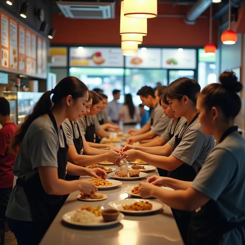 Rush Hour Collaboration - A high-traffic fast-food joint during lunch hour with a mixed-age team of employees working together seamlessly to serve the crowded customer queue, capturing the essence of teamwork and efficiency under pressure. - AI image generated with Photorealistic 2