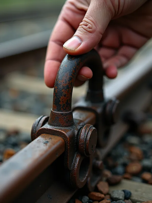 Rust and Tremor - An extreme close-up shot of a rusty railroad lever with a trembling hand hovering just above it. This image captures a gritty texture, emphasizing the rust details, with a shallow depth of field and shaky motion blur to enhance the tension and motion. - AI image generated with Photorealistic 2